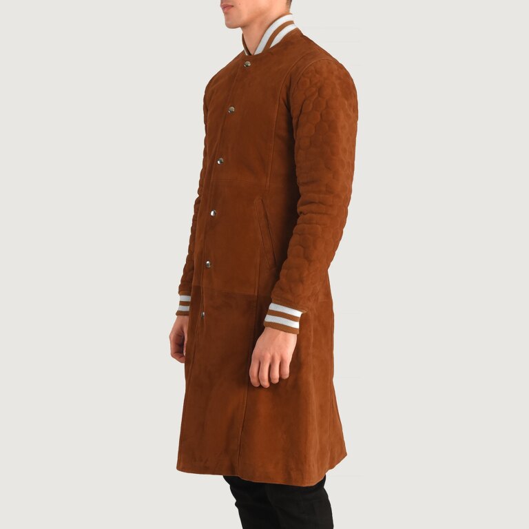 Mens Wilde Brown Suede Varsity Coat Side Pose-3-1704186166115